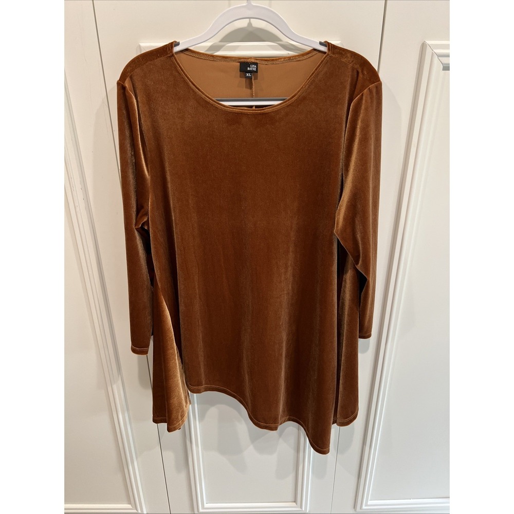 Lisa Bayne Velvet Tunic Top Size XL Amber Asymmetric Stretch Autumn Lagenlook